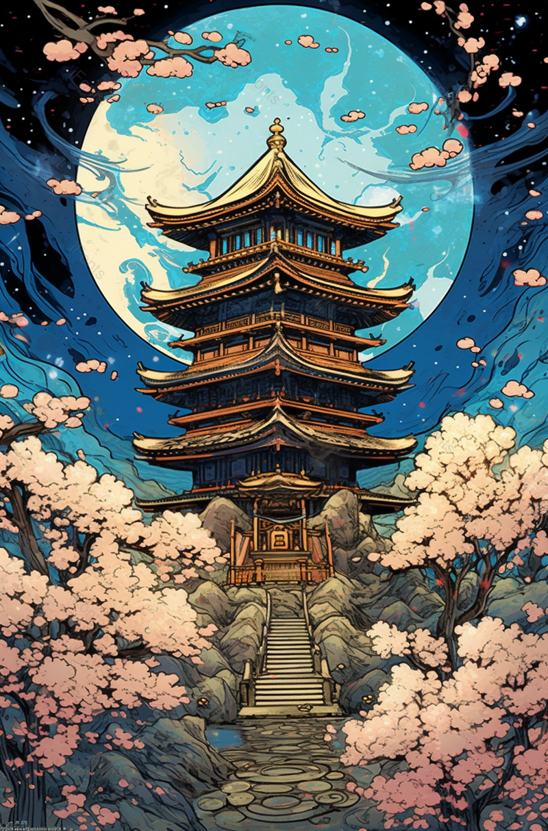 桃花樱花阁楼台阶中国风国潮古典中国传统文化背景插画,插画/手绘图,插画/手绘图库,插画/手绘图下载,插画/手绘